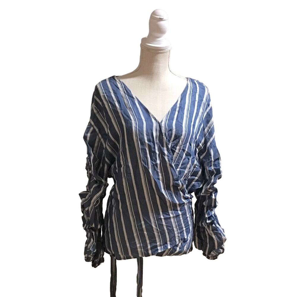 Linea Donna Blue Striped Wrap Blouse